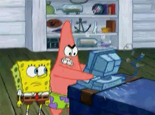 Patrick smashing the dollar bill with a computer while Spongebob watches on